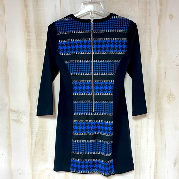 Michael Kors Black And Blue Houndstooth 3/4 Sleeve Sheath Dress Sz 4 - Picture 2 of 4